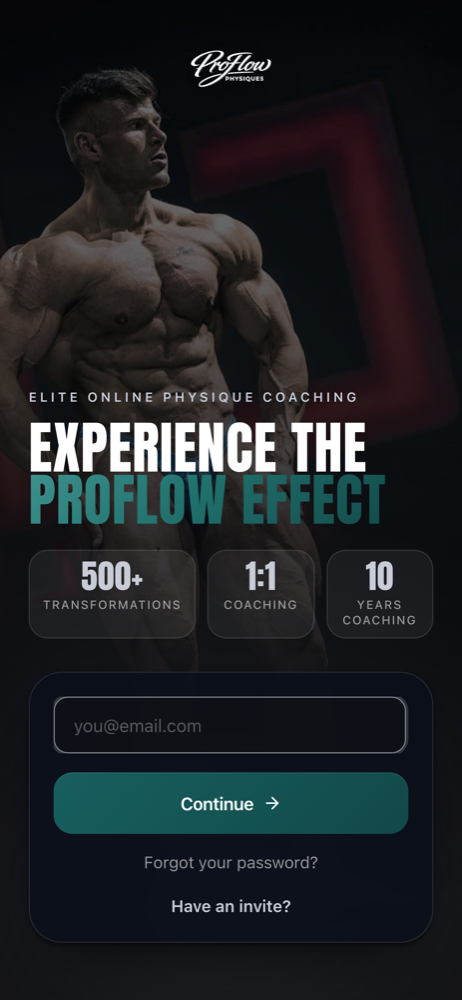 The ProFlow Physiques app on a phone, showing the client sign-in screen over a photo of Joey Farrell.