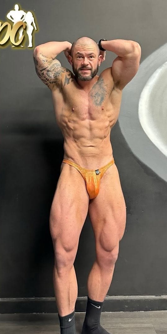 A ProFlow client posing at the start, and later tanned and lean in competition shape.